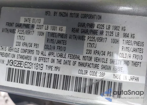 2014 Mazda Cx-5 Sport z USA, uszkodzony, nr VIN JM3KE2BEXE0311819